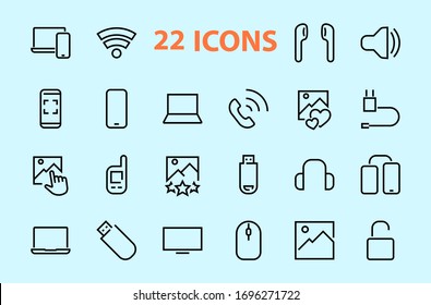 A set of smart devices and gadgets, computer hardware and electronics. Electronic devices icons for web and mobile vector lines. computer, telephone. Editable stroke. 48x48 pixels.