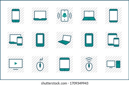 Set of smart devices and gadgets, computer equipment and electronics. Electronic devices icons for web and mobile vector line icon. Editable Stroke. 32x32 pixels.