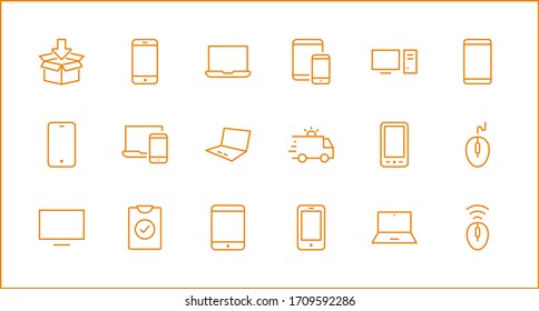 Set of smart devices and gadgets, computer equipment and electronics. Electronic devices icons for web and mobile vector line icon. Editable Stroke. 32x32 pixels.