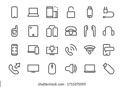A set of smart devices and gadgets, computer hardware and electronics. Electronic devices icons for web and mobile vector lines. computer, telephone. Editable stroke. 48x48 pixels.