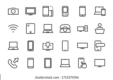 set of smart devices and gadgets, computer hardware and electronics. Electronic device icons for web and mobile vector lines. Editable stroke. 480x480 pixels.