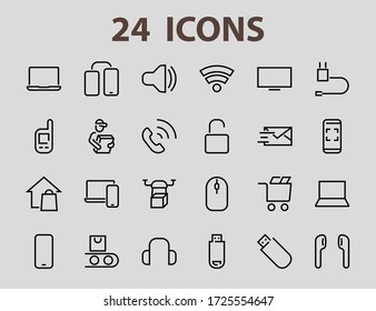 A set of smart devices and gadgets, computer hardware and electronics. Electronic devices icons for web and mobile vector lines. computer, telephone. Editable stroke. 48x48 pixels.