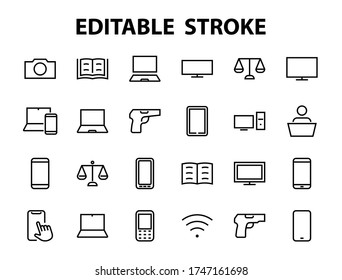 conjunto de dispositivos y gadgets inteligentes, hardware informático y electrónica. Iconos electrónicos de dispositivos para líneas vectoriales web y móviles. Trazo editable. 480x480 píxeles.