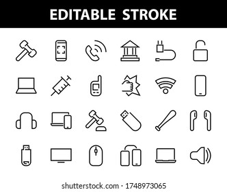 A set of smart devices and gadgets, computer hardware and electronics. Electronic devices icons for web and mobile vector lines. computer, telephone. Editable stroke. 48x48 pixels.