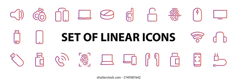 A set of smart devices and gadgets, computer hardware and electronics. Electronic devices icons for web and mobile vector lines. computer, telephone. Editable stroke. 48x48 pixels.