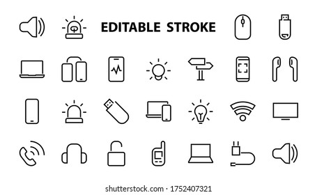 A set of smart devices and gadgets, computer hardware and electronics. Electronic devices icons for web and mobile vector lines. computer, telephone. Editable stroke. 48x48 pixels.