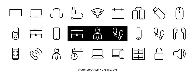 A set of smart devices and gadgets, computer hardware and electronics. Electronic devices icons for web and mobile vector lines. computer, telephone. Editable stroke. 48x48 pixels.