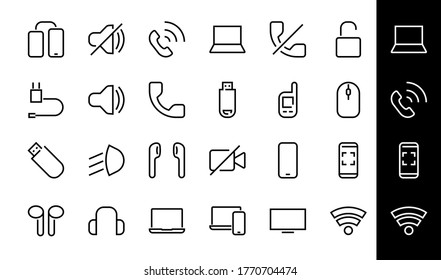 Un conjunto de dispositivos y gadgets inteligentes, hardware informático y electrónica. Iconos de dispositivos electrónicos para líneas vectoriales web y móviles. ordenador, teléfono. Trazo editable. 48x48 píxeles.