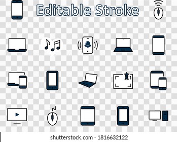 Set of smart devices and gadgets, computer equipment and electronics. Electronic devices icons for web and mobile vector line icon. Editable Stroke. 32x32 pixels.