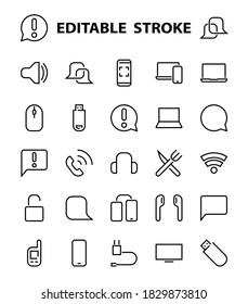 A set of smart devices and gadgets, computer hardware and electronics. Electronic devices icons for web and mobile vector lines. computer, telephone. Editable stroke. 48x48 pixels.