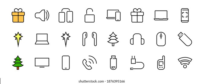 A set of smart devices and gadgets, computer hardware and electronics. Electronic devices icons for web and mobile vector lines. computer, telephone. Editable stroke. 48x48 pixels.