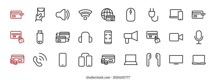 A set of smart devices and gadgets, computer hardware and electronics. Electronic devices icons for web and mobile vector lines. computer, telephone. Editable stroke. 48x48 pixels.