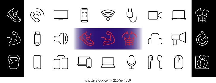 A set of smart devices and gadgets, computer hardware and electronics. Electronic devices icons for web and mobile vector lines. computer, telephone. Editable stroke. 48x48 pixels