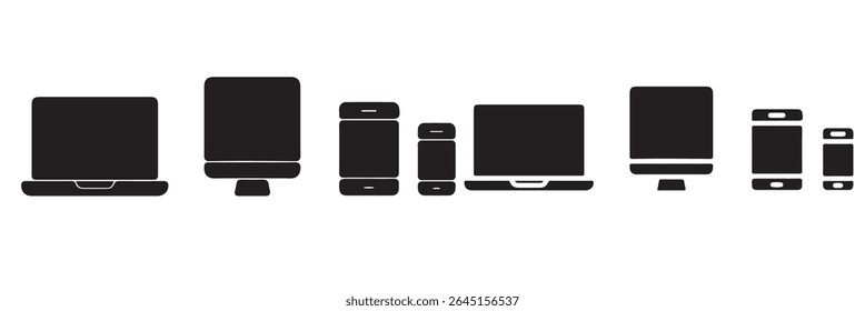 
Conjunto de dispositivos e aparelhos inteligentes, equipamentos informáticos e eletrônicos. Ícones de dispositivos eletrônicos para web e ícone de linha de vetor móvel