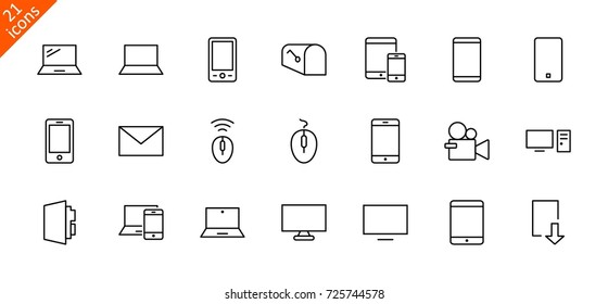 Set of smart devices and gadgets, computer equipment and electronics. Electronic devices icons for web and mobile vector line icon. Editable move. 