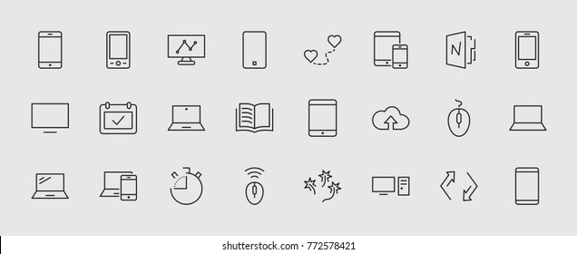 Set of smart devices and gadgets, computer equipment and electronics. Electronic devices icons for web and mobile vector line icon. Editable move. 32x32 pixels.