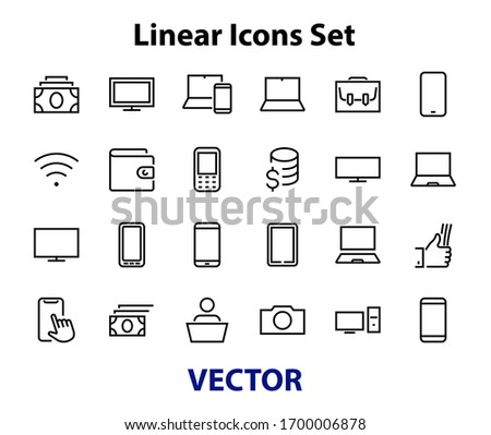  set of smart devices and gadgets, computer hardware and electronics. Electronic device icons for web and mobile vector lines. Editable stroke. 480x480 pixels.