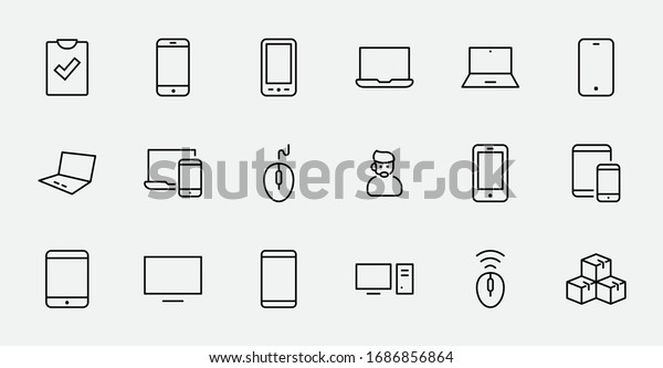 Set of smart devices and
gadgets, computer equipment and electronics. Electronic devices
icons for web and mobile vector line icon. Editable Stroke. 32x32
pixels.
