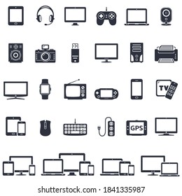 Set of smart devices and gadgets: phones, computer equipment and electronics icons