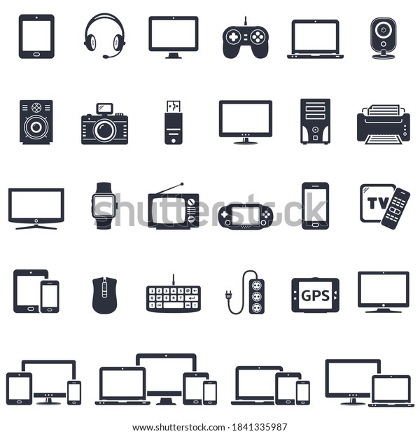 Set of smart devices and gadgets:\
phones, computer equipment and electronics\
icons