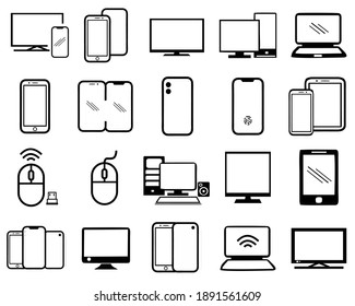 Set Of Smart Devices Icons Vector. Gadgets Illustration Sign Collection. Computer Equipment And Electronics Symbols. In White Backgound