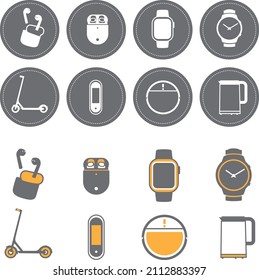 Set of iconы of smart devices. Smart watches, wireless headphones, scooter, electric scooter, TV, robot vacuum cleaner, electric kettle