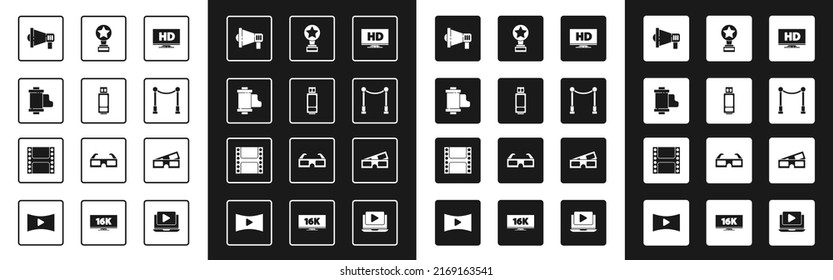 Set Smart display with HD video, USB flash drive, Camera vintage film roll cartridge, Megaphone, Carpet barriers, Movie trophy, 3D cinema glasses and Play Video icon. Vector