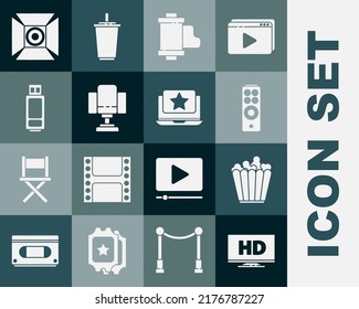 Set Smart display with HD video, Popcorn in box, Remote control, Camera vintage film roll cartridge, Director movie chair, USB flash drive, Movie spotlight and Laptop star icon. Vector