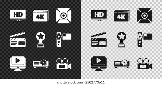 Pantalla inteligente con HD Video, 4k en línea, proyector de películas, película, película, proyector de medios, cámara de cine, clapper e icono de trofeo. Vector