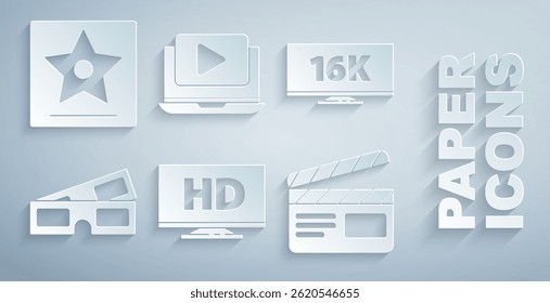 Definir Smart display com vídeo de alta definição, TV de tela 16k, óculos de cinema 3D, filme clapper, Online e Hollywood andar de estrela famosa ícone. Vetor