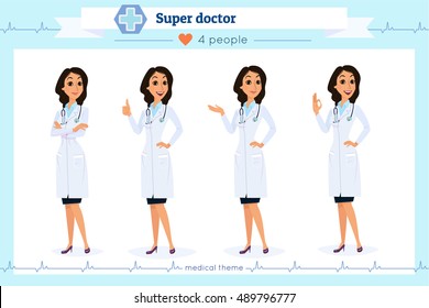 Set of smart doctor presenting in various action, isolated on white.Flat cartoon style.Hospital medical team.People character set in various poses.woman, female,she.Nurses,medico,doc,physician,medic