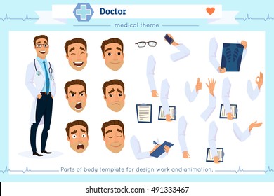 Set of smart doctor presenting in various action.Pupil character for your scenes.Parts of body template for design work and animation. Face and body elements.Isolated on white background.Flat style.