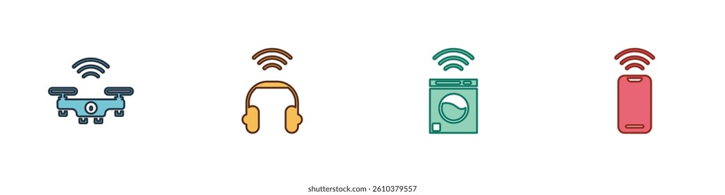 Set Smart drone, headphones, washer and Wireless smartphone icon. Vector