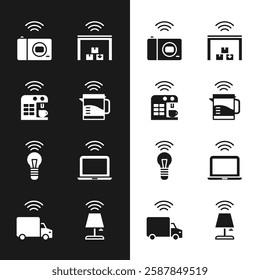 Set Smart electric kettle, coffee machine, photo camera, warehouse, light bulb, Wireless laptop, table lamp and truck icon. Vector