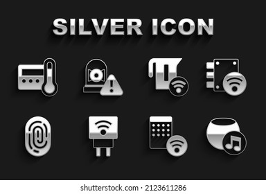 Set Smart electric plug, Digital door lock, Voice assistant, Air humidifier, Fingerprint, kettle, Thermostat and Ringing alarm bell icon. Vector