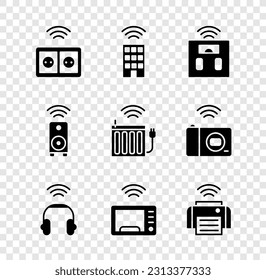 Set Smart electrical outlet, home with wireless, bathroom scales, headphones, microwave oven, printer, stereo speaker and heating radiator icon. Vector