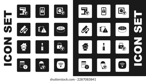 Set Smart electrical outlet, House under protection, Electric extension cord, coffee machine, Water sensor, Digital door lock,  and Mobile with smart home icon. Vector