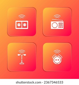 Set Smart electrical outlet, radio, street light and Robot vacuum cleaner icon. Vector
