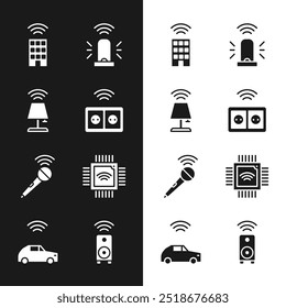 Set Smart electrical outlet, table lamp, home with wireless, flasher siren, Wireless microphone, Processor microcircuits CPU, stereo speaker and car system icon. Vector