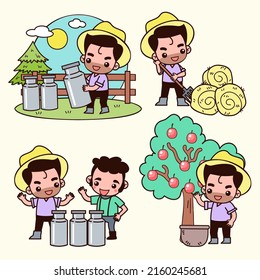 set of Smart farm and agriculture, young farmer and farming and animal husbandry in cartoon character,  vector illustrations.