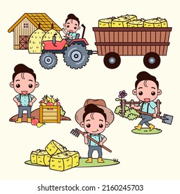 set of Smart farm and agriculture, young farmer and farming and animal husbandry in cartoon character,  vector illustrations.