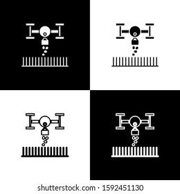 Set Smart farm with drone control for seed planting icon isolated on black and white background. Innovation technology for agricultural company.  Vector Illustration