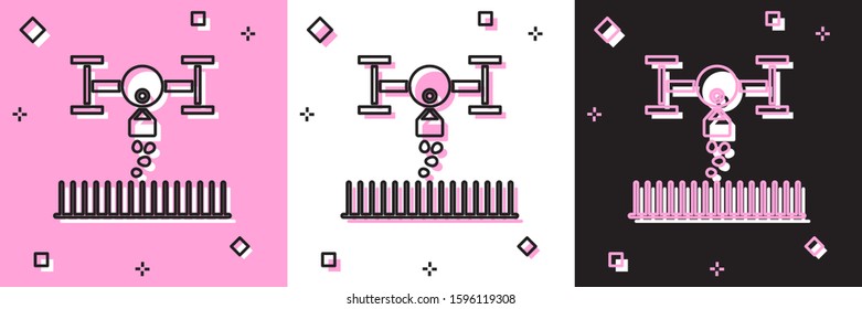 Set Smart farm with drone control for seed planting icon isolated on pink and white, black background. Innovation technology for agricultural company.  Vector Illustration