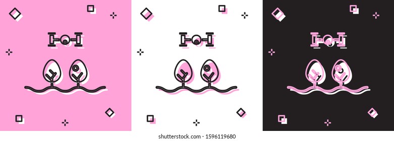 Set Smart farm with drone control and tree icon isolated on pink and white, black background. Innovation technology for agricultural company.  Vector Illustration