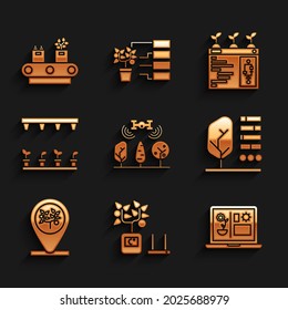 Set Smart farm with drone, farming technology, Plant status, Location and tree, Automatic irrigation sprinklers,  and Conveyor belt box icon. Vector