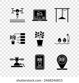 Set Smart farm with drone, Laptop application for smart, Automatic irrigation sprinklers, control farming system, Location and tree, Flower analysis and Plant pot icon. Vector