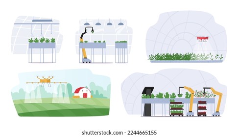 Set of Smart Farm and Greenhouse Technology. Automated Robotics Agriculture, Innovative Cyborgs Care of Plants, Planting, Watering, Fertilizing, Harvesting and Care. Cartoon Vector Illustration