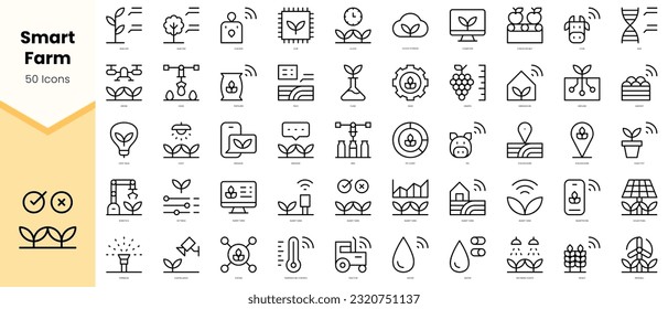 Conjunto de iconos de granja inteligentes. Paquete de iconos de estilo de arte de línea simple. Ilustración del vector