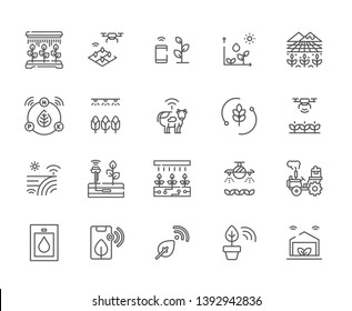 Set of smart farm Related Vector Line Icons. Includes such Icons as innovation, technology, smart, management, control, advertising, communication, synchronization, watering, plant, crop, wheat