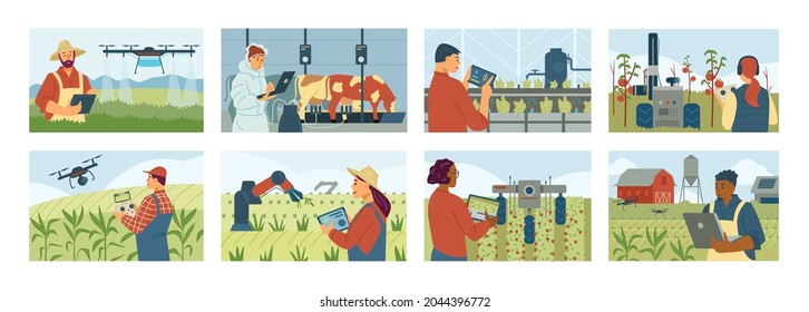 Set of smart farming concept posters, vector flat style illustration. Innovative agricultural technologies, modern digital farming controlled remotely. Digital agricultural farm of future